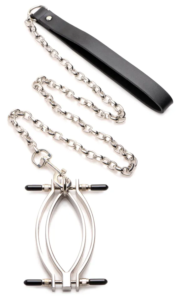 Male Sex Toys XR Brands Master Series Pussy Tugger Adjustable Pussy Clamp With Leash Silver Male Sex Toys XR Brands Master Series Pussy Tugger Adjustable Pussy Clamp With Leash Silver